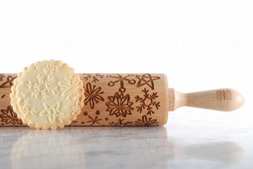 engraved wooden rolling pin snowflakes