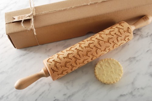 beechwood rolling pin raised cookie design dog motif