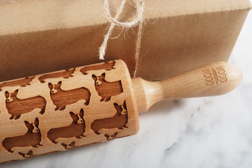 beech rolling pin embossing corgi raised cookie pattern