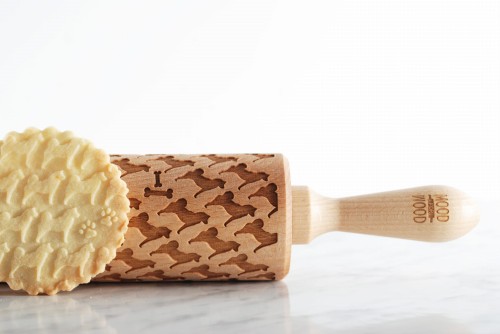 engraved wooden rolling pin shiba inu dog motif on cookies