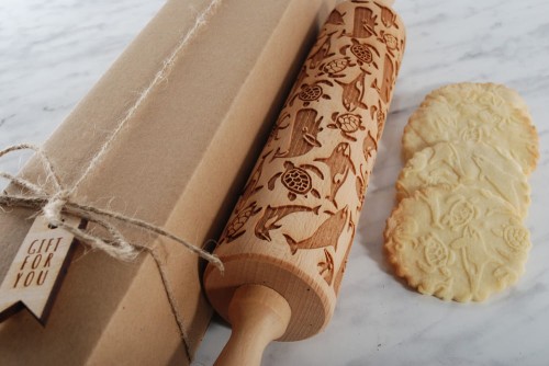 engraved wooden rolling pin ocean sea animals beech