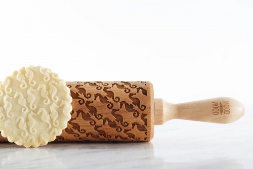 engraved wooden rolling pin seahorse motif   Mood for Wood