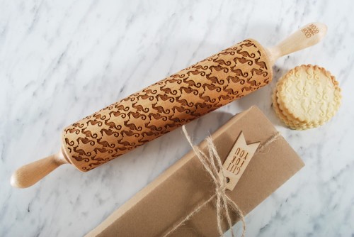 beechwood rolling pin deep engraving seahorse