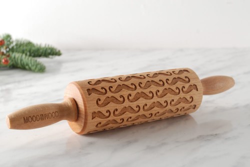 Mini wooden rolling pin with mustache design
