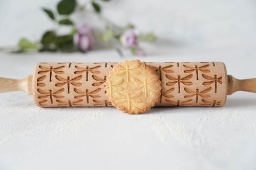 wooden beech rolling pin with insect motif