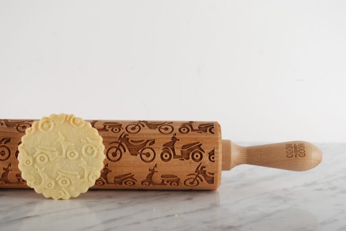 engraved wooden rolling pin motorcycles close up deep engraving