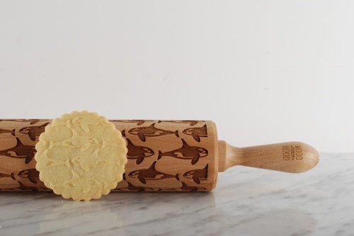engraved wooden rolling pin with orcas