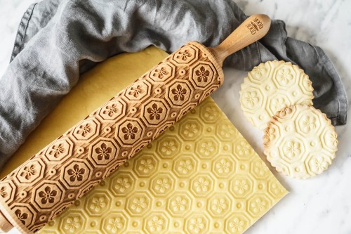 engraved wooden rolling pin turtle japanese pattern