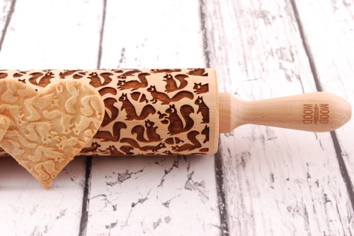 engraved wooden rolling pin squirrels motif on shortbread  Mood for Wood