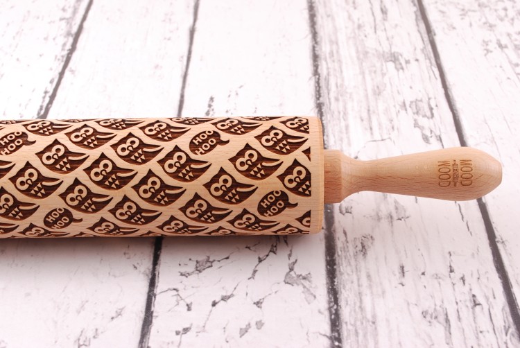 Engraved wooden rolling pin Owl – clear cookie imprint