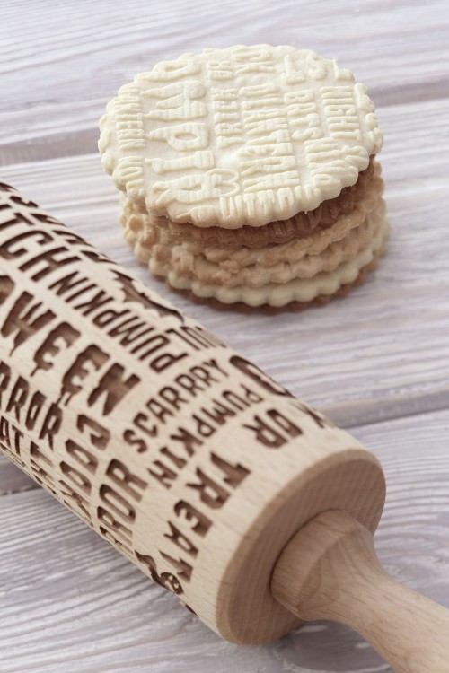 beech wood rolling pin deep engraving halloween motif
