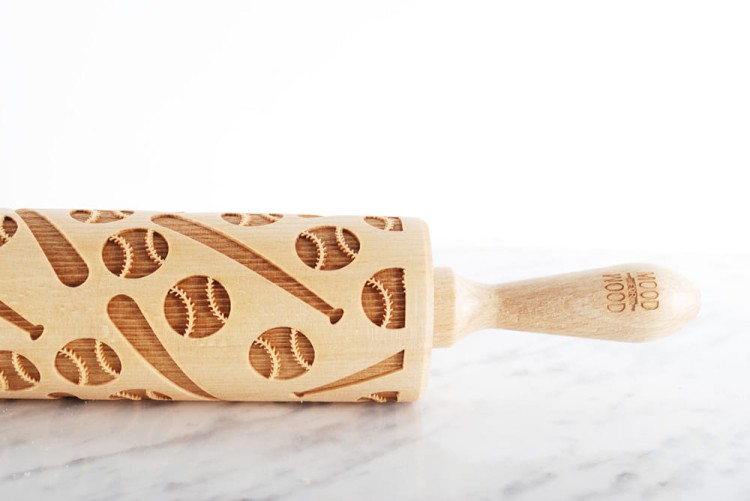 engraved wooden rolling pin with baseball bats motif