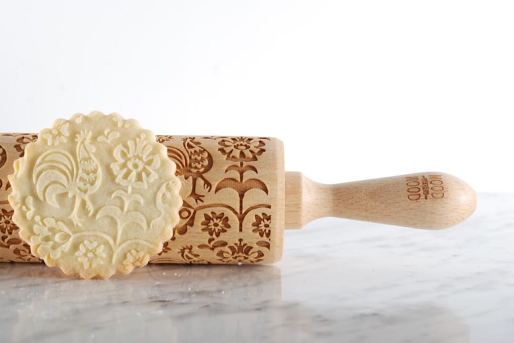 engraved wooden rolling pin Rooster folk motif