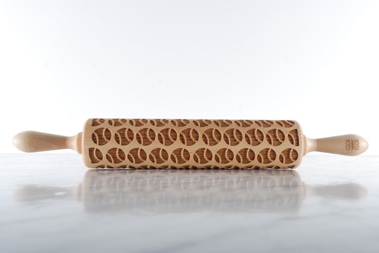 Beech cookie roller with baseball pattern raised imprint