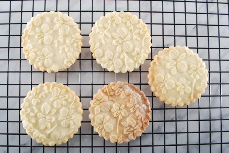 close up of orchid pattern embossed on shortbread dough