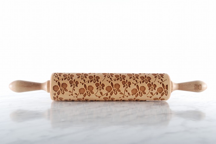 beech rolling pin with floral motif for cookies