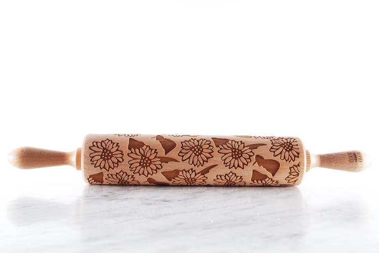 beech rolling pin with deep engraving sunflower motif Mood for Wood