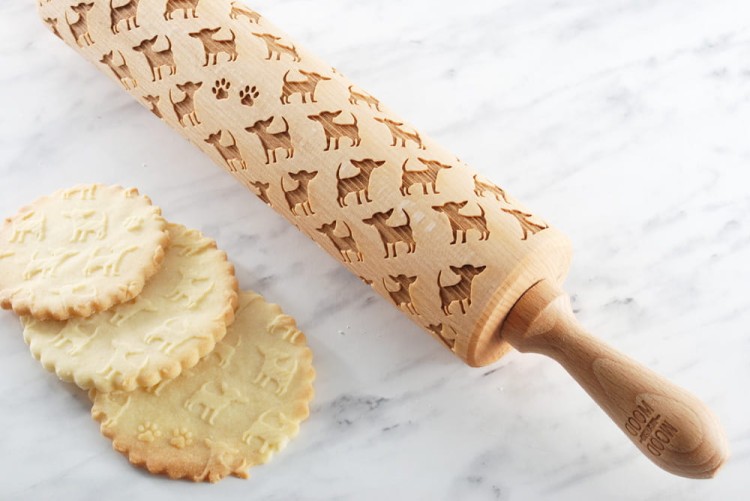 engraved wooden rolling pin chihuahua pattern on beech