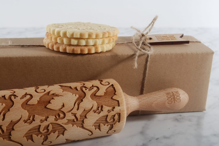 Wooden engraved rolling pin with dragons