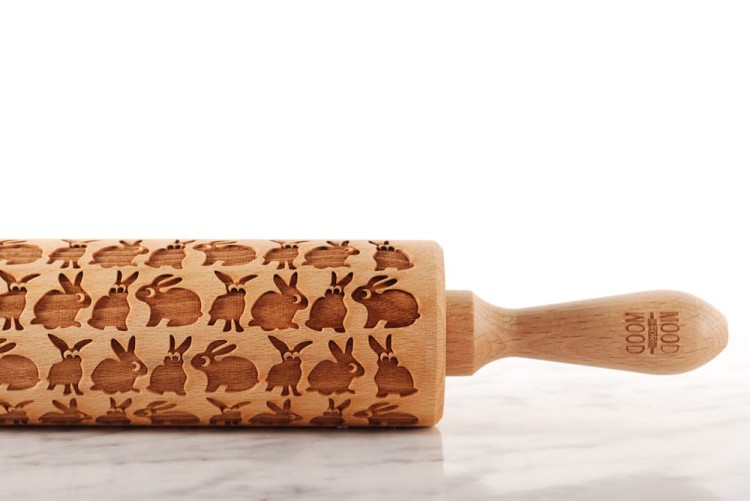 engraved wood rolling pin rabbit motif