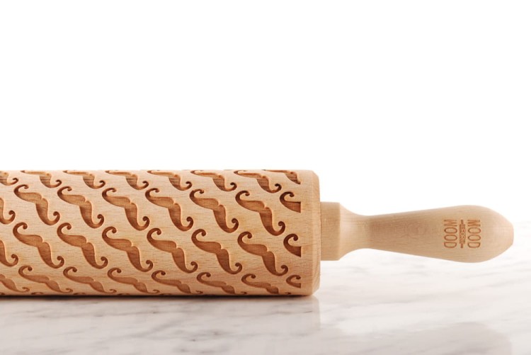 engraved wooden rolling pin mustache motif for cookies