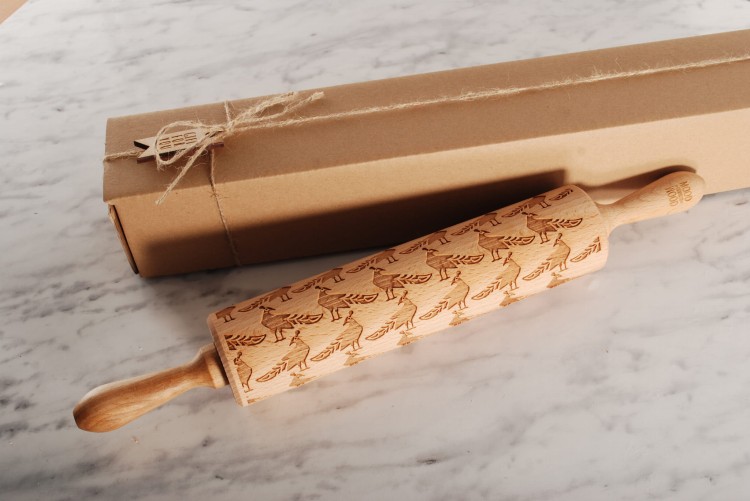 beechwood rolling pin natural color peacock design