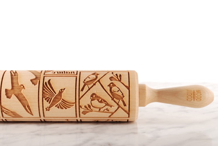 engraved wooden rolling pin birds crisp raised pattern