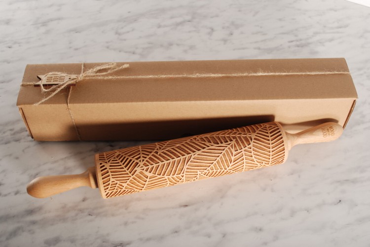 Engraved wooden rolling pin Leaves with crisp raised pattern