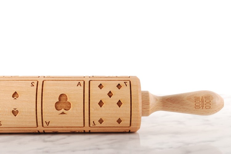 beech rolling pin with playing card pattern raised design
