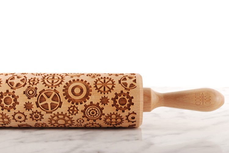 engraved wooden rolling pin with gear motif deep engraving