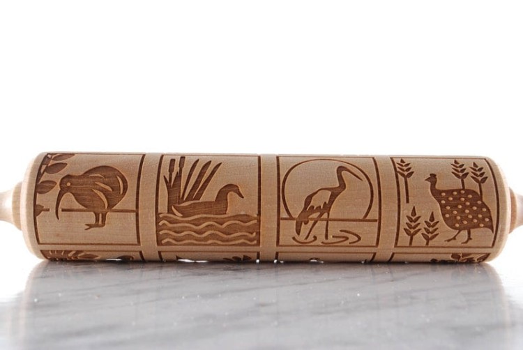 beech wood rolling pin deep engraving birds pattern