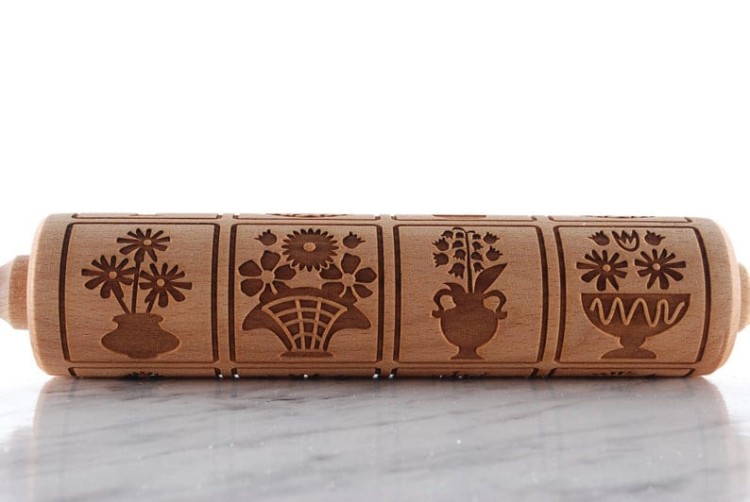 Wooden decorative rolling pin with flower design
