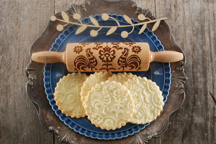 Mini rolling pin laser engraved with folk rooster design