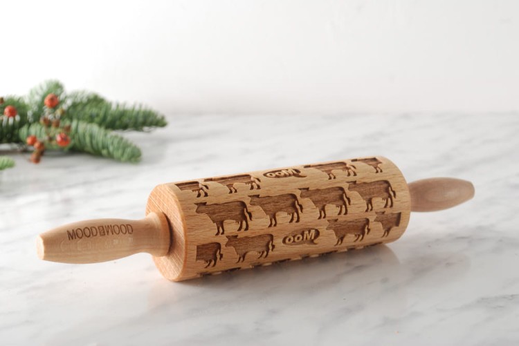 mini wooden engraved rolling pin with cows design