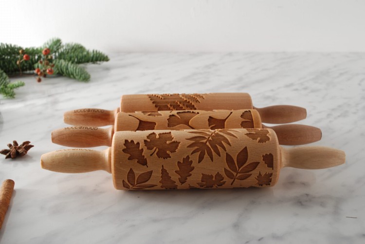 Set of 3 rolling pin engraved in leaves pattern - from Mood for Wood