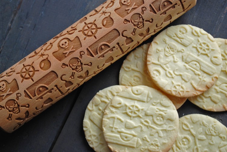Pirate motifs wooden embossing rolling pin