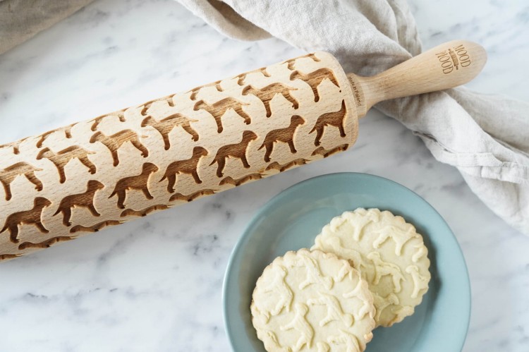 Wooden rolling pin with bedlington terrier