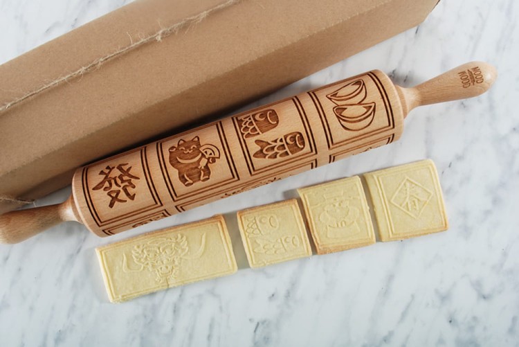 Wooden embossing rolling pin with Chinese New Year design
