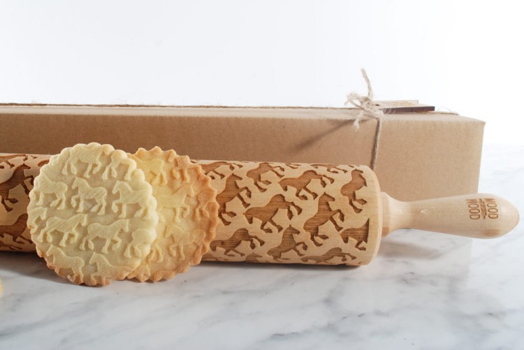 engraved handmade rolling pin horse motif