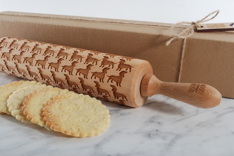 beech rolling pin dog motif