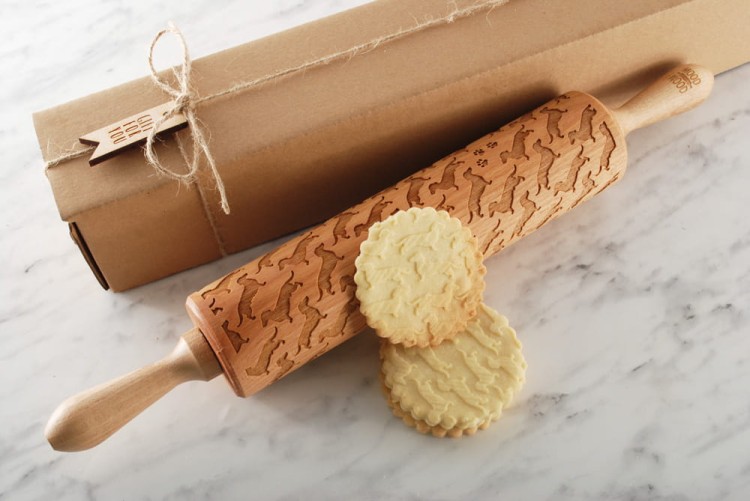 wooden rolling pin with dachshund pattern