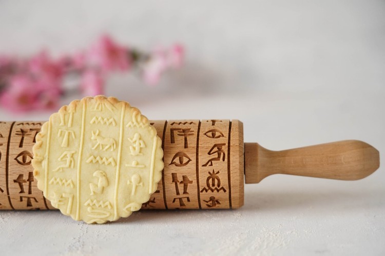 engraved wooden rolling pin hieroglyphs boho