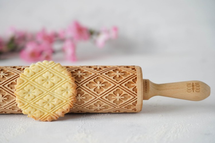 engraved wooden rolling pin hishi japanese design
