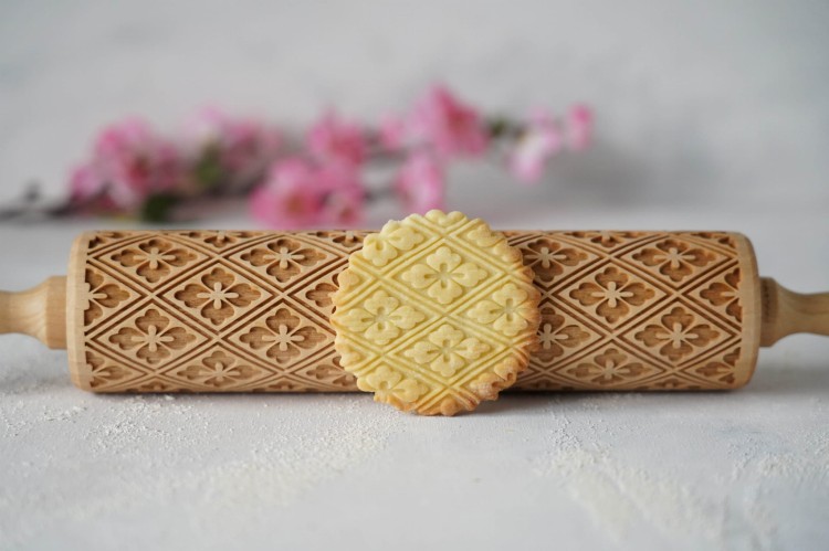 engraved wooden rolling pin hishi japanese design