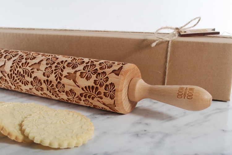 deep engraved beechwood rolling pin birds leaves