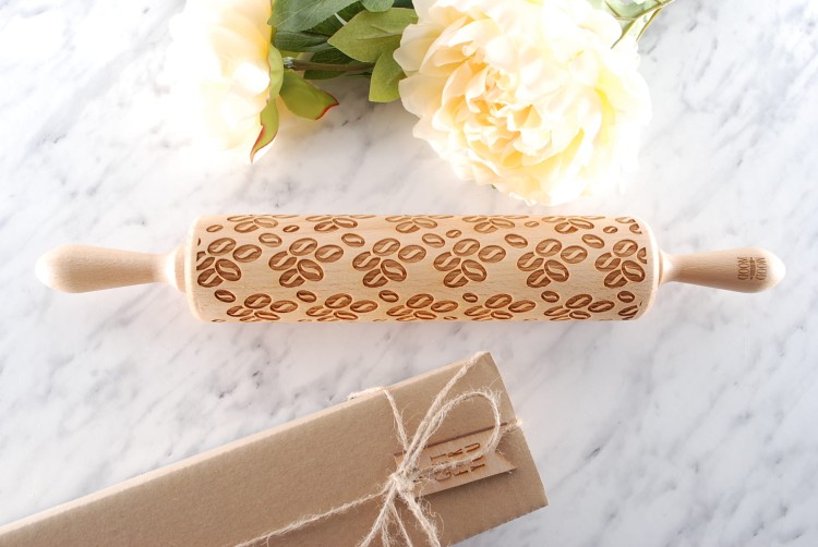 Rolling pin engraved with coffee beans design
