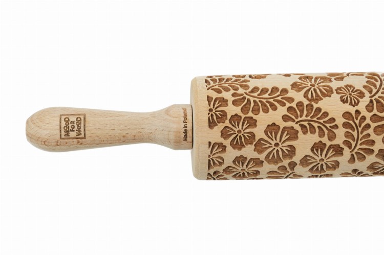 handmade engraved rolling pin with flowers and leaves