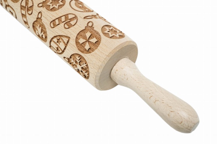 Christmas present engraved rolling pin baubles