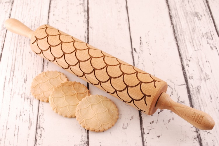 fish motif rolling pin for cookies and gingerbread deep engraving