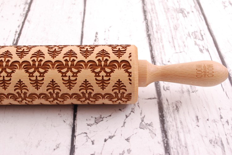 engraved wooden rolling pin with rooster folk cutout pattern Mood for Wood